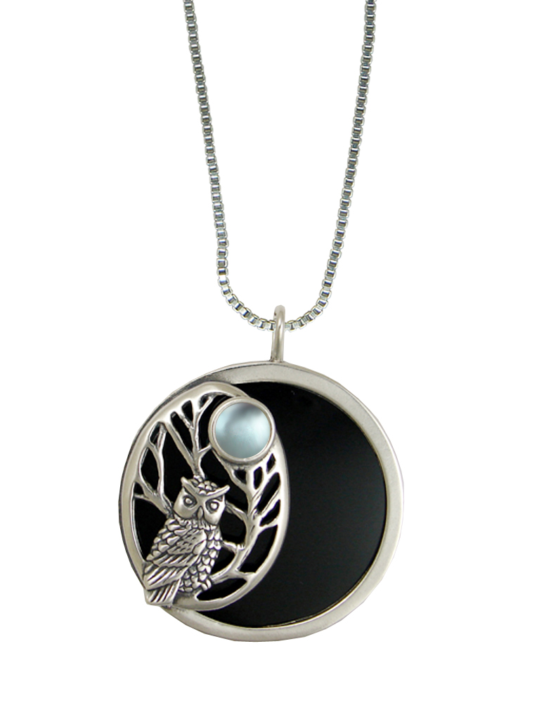 Sterling Silver Black Onyx Disc Wise Owl Pendant Necklace With Blue Topaz